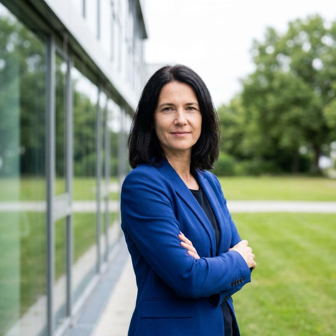 Generiertes Motiv: Porträt einer Managerin vor einem Bürogebäude