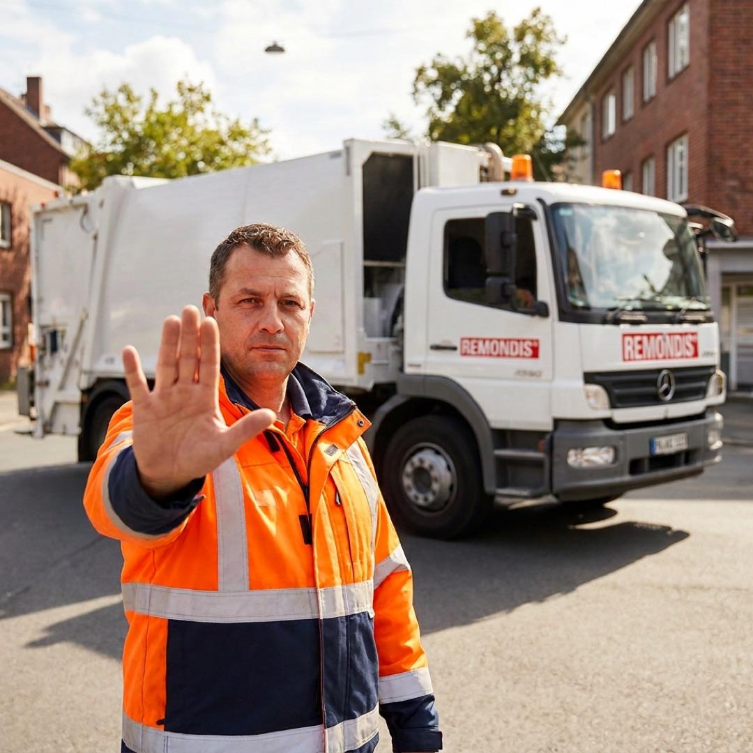 Generiertes Motiv: Müllwerker mit Stopp-Geste vor einem Entsorgungsfahrzeug