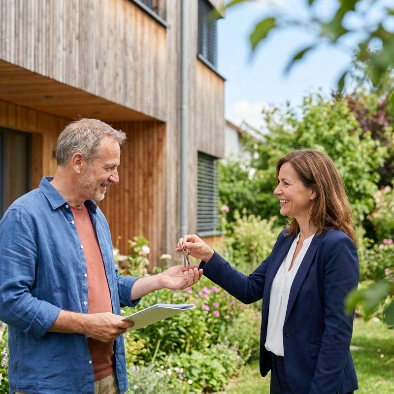 Generiertes Motiv: Schlüsselübergabe vor einem Wohnhaus