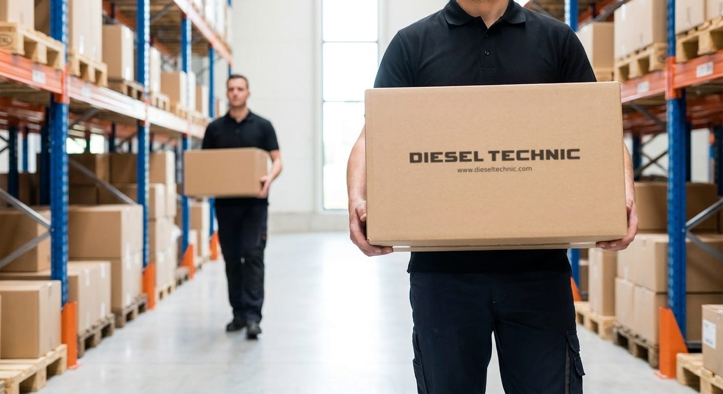 Generiertes Produktbild: Mitarbeiter trägt einen Karton mit Original-Logo durch ein Lager
